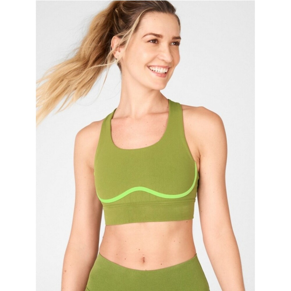 Fabletics Freya Sculptknit Olive Green Sports Bra with Neon Lime Trim